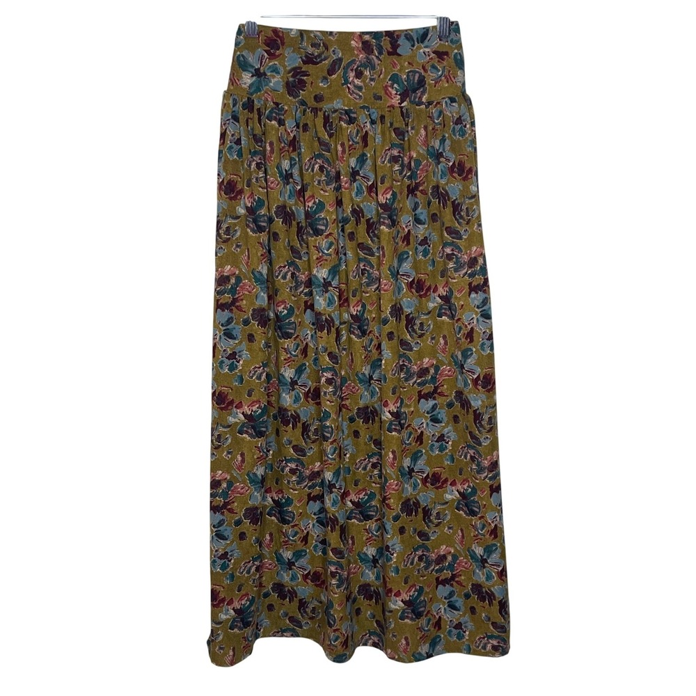 Natural‎ Life Floral Maxi Skirt Womens XS Olive Green Boho Smocked Back Flowy